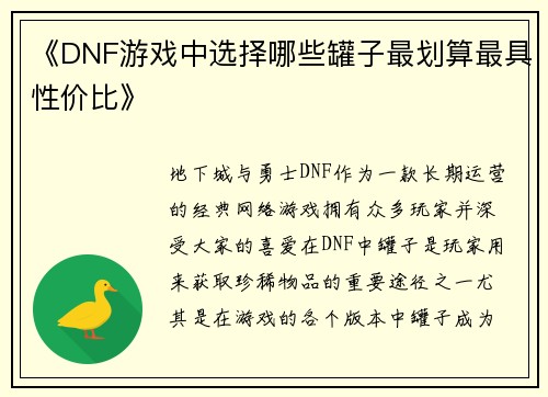 《DNF游戏中选择哪些罐子最划算最具性价比》