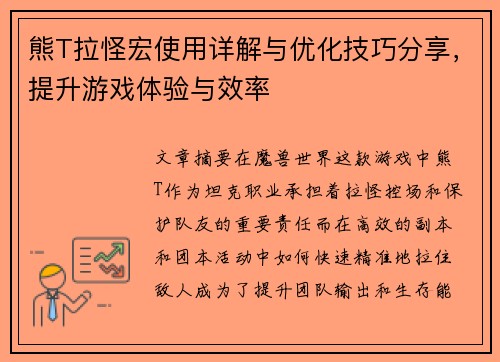 熊T拉怪宏使用详解与优化技巧分享，提升游戏体验与效率